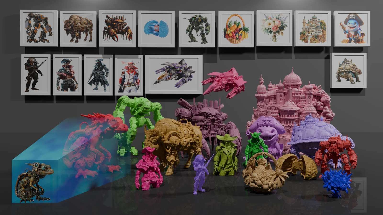 Pixal3D reference images and generated geometry for characters, creatures and architecture
